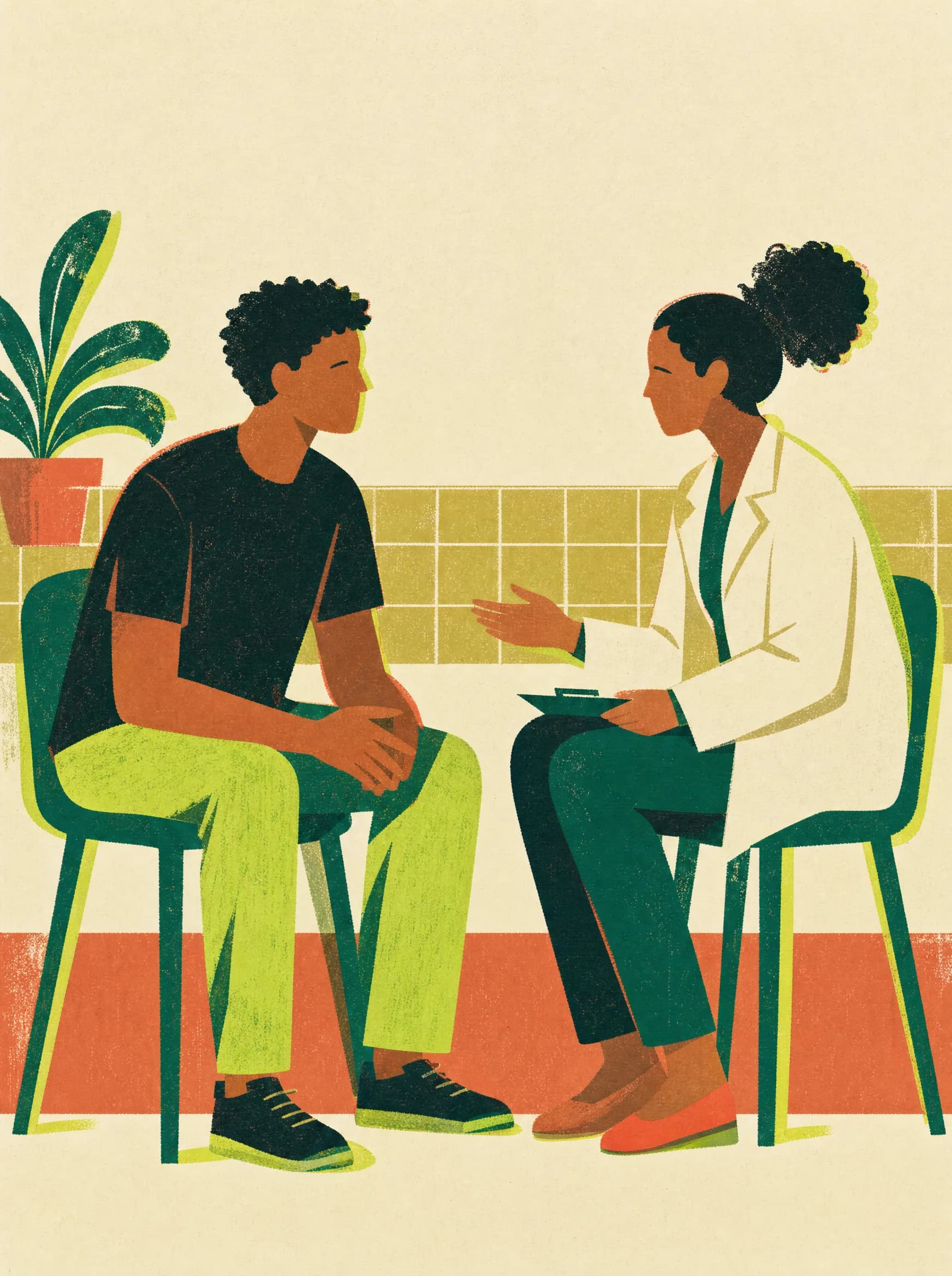 Ilustração: jovem e profissional de saúde conversam sentados frente a frente, na mesma altura, numa unidade de saúde