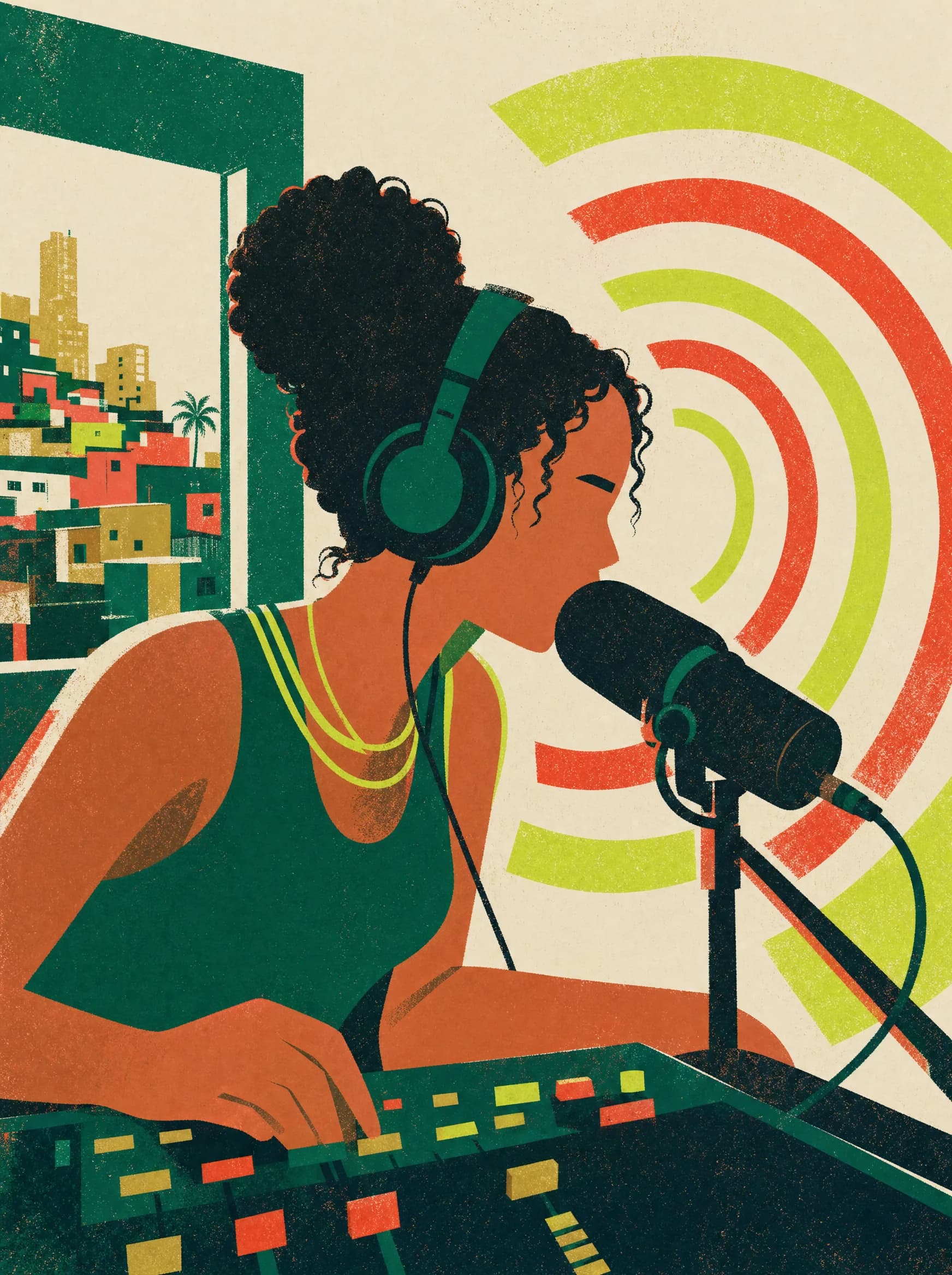 Ilustração: jovem comunicadora de fones fala ao microfone; arcos de som saem do estúdio improvisado