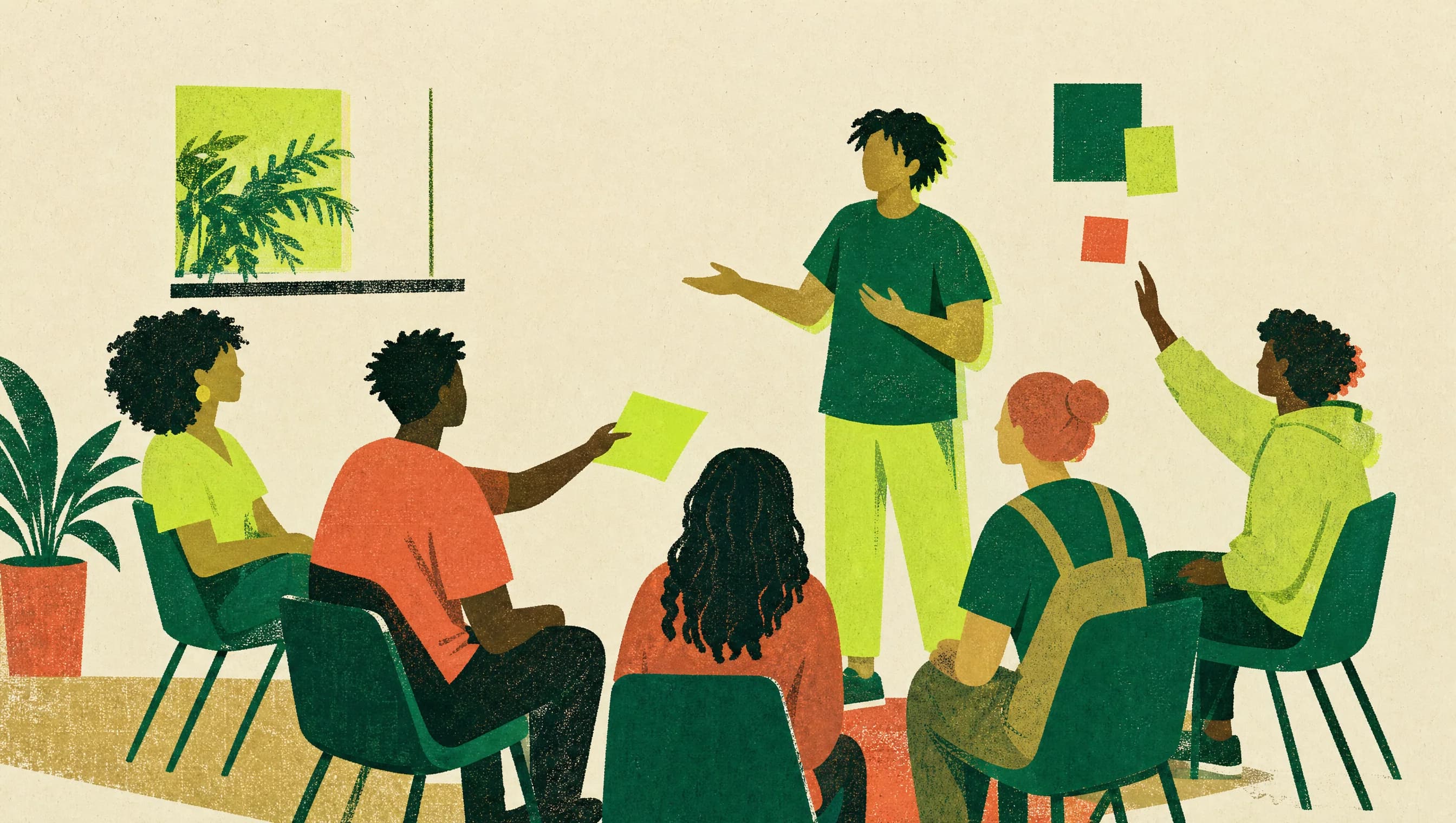 Ilustração no estilo do Pacto: roda de jovens diversos em conversa participativa, um em pé apresentando uma proposta