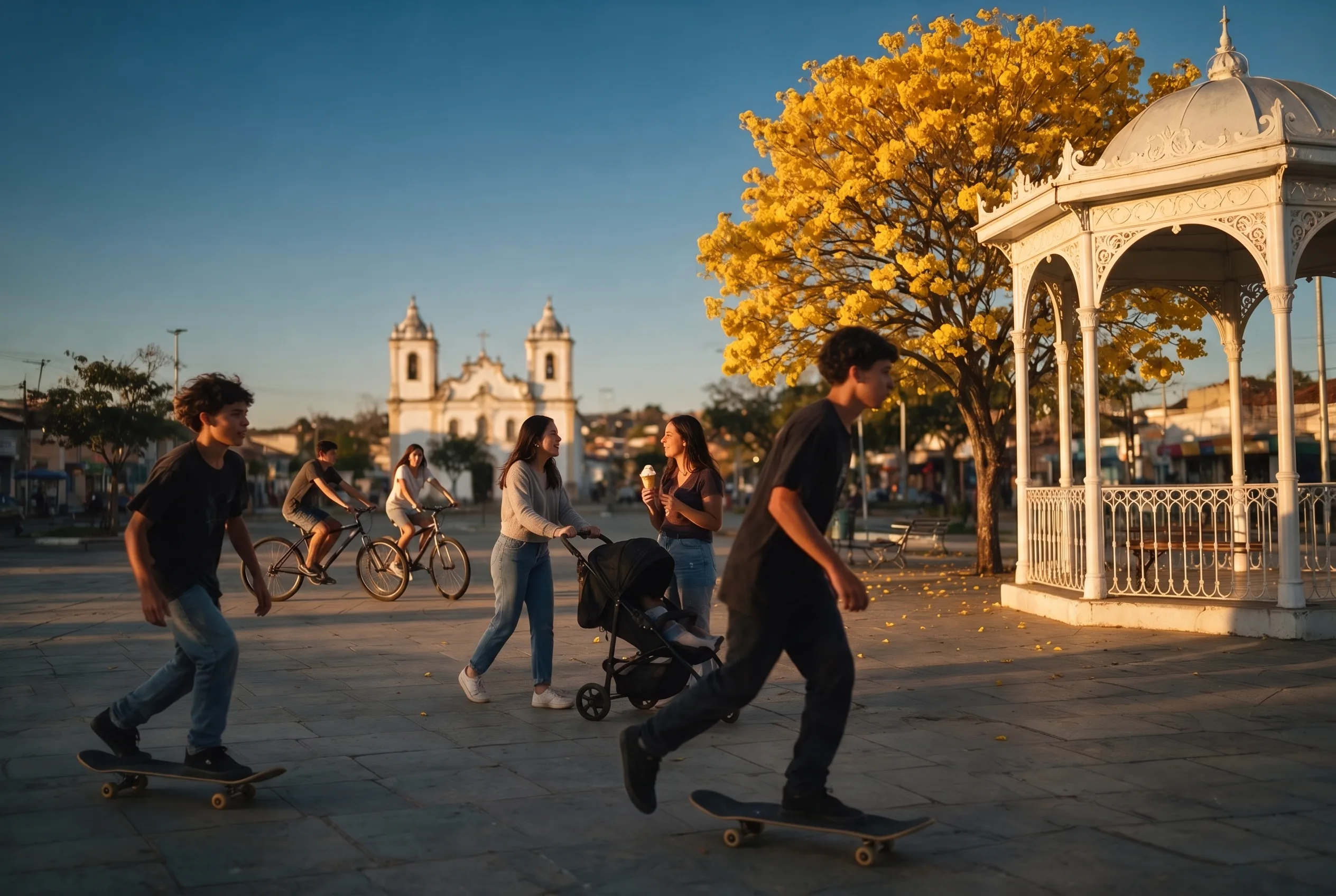 Praça central de cidade do interior na golden hour: skatistas, jovem mãe com carrinho e ciclistas sob ipê amarelo