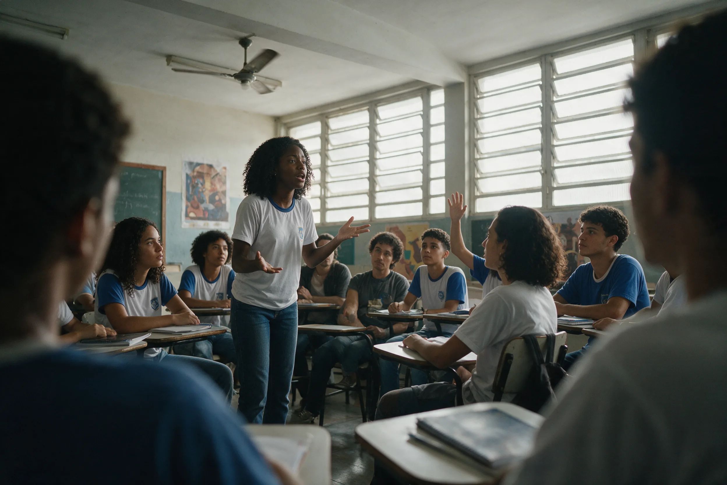 Estudante de escola pública argumenta de pé em roda de debate na sala de aula