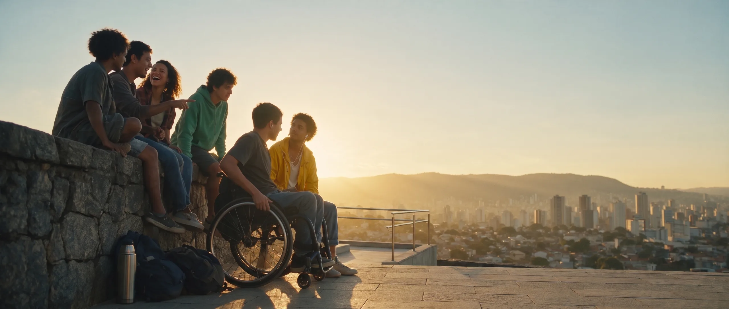 Grupo diverso de jovens, incluindo cadeirante, conversa no mirante ao amanhecer diante da cidade
