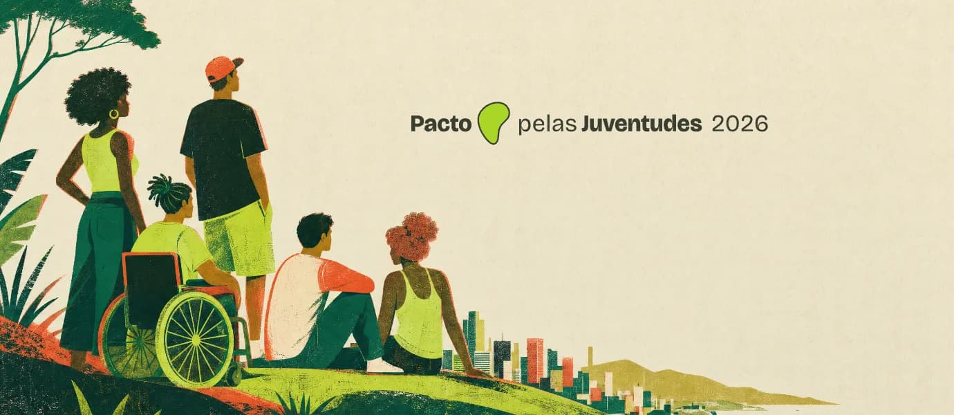 Banner do Pacto pelas Juventudes: ilustração de um grupo diverso de jovens, incluindo pessoa em cadeira de rodas, no mirante diante da cidade, com o logotipo Pacto pelas Juventudes 2026